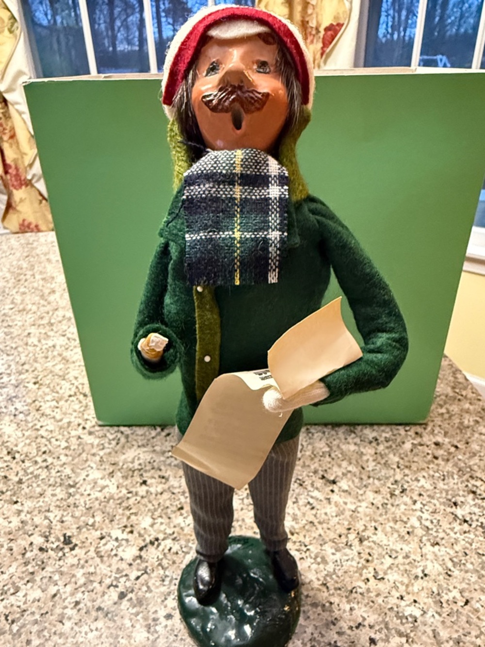 Green Felt Holiday Caroler Figurine with Plaid Scarf